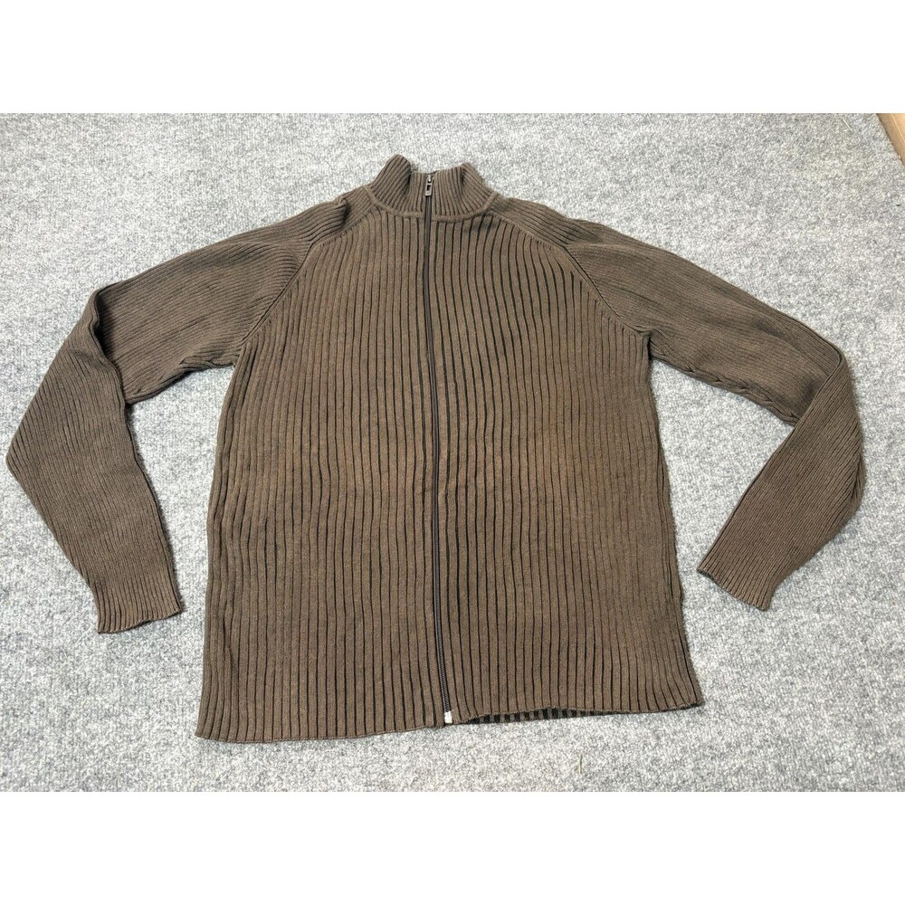 DKNY JEANS Sweater Mens M Brown Full Zip Mock Neck Cotton Rib Knit Long Sleeve